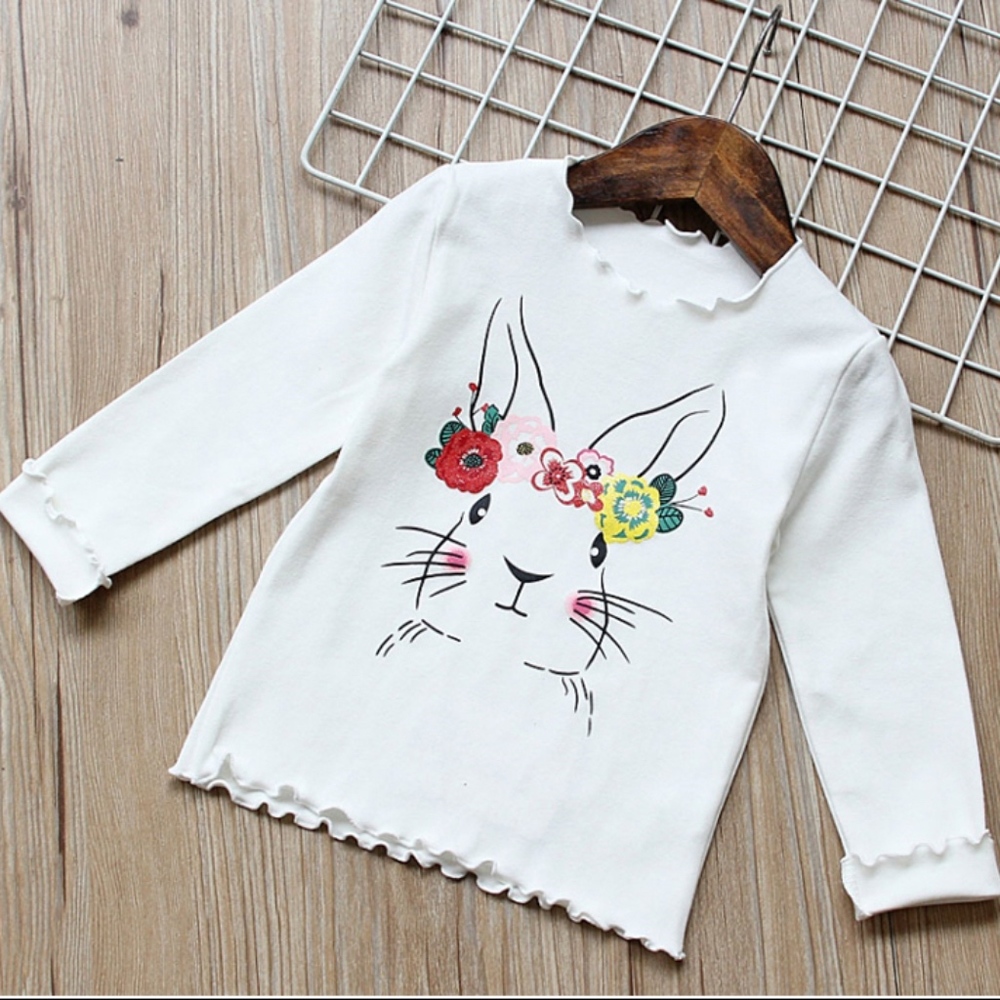 Long Sleeve Ruffle Rabbit Graphic Top White Shirts